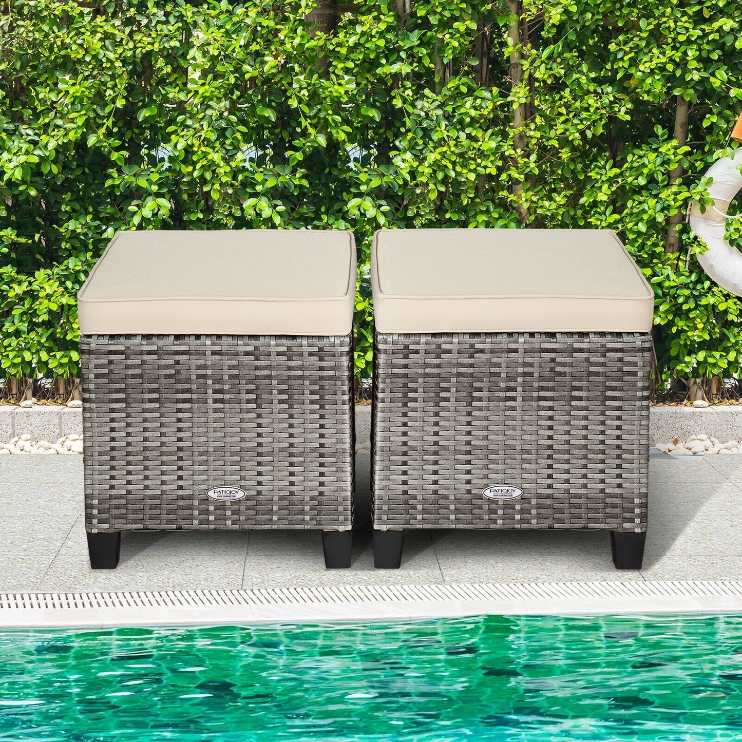 2 Pieces Patio Rattan Ottoman Seat with Removable Cushions, Beige Outdoor Seating & Patio Chairs   at Gallery Canada