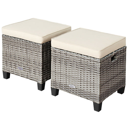 2 Pieces Patio Rattan Ottoman Seat with Removable Cushions, Beige