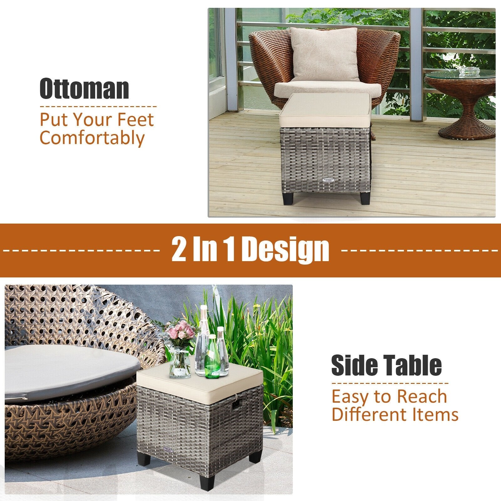 2 Pieces Patio Rattan Ottoman Seat with Removable Cushions, Beige Outdoor Seating & Patio Chairs   at Gallery Canada