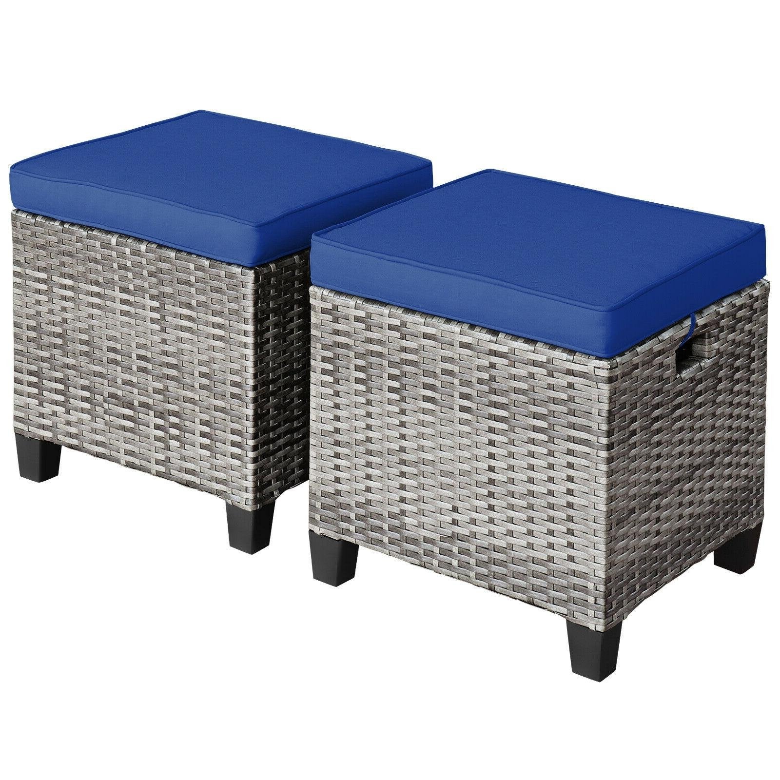 2 Pieces Patio Rattan Ottoman Seat with Removable Cushions, Navy Outdoor Seating & Patio Chairs   at Gallery Canada