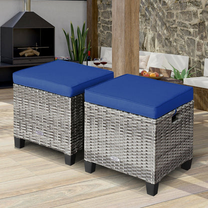 2 Pieces Patio Rattan Ottoman Seat with Removable Cushions, Navy Outdoor Seating & Patio Chairs   at Gallery Canada