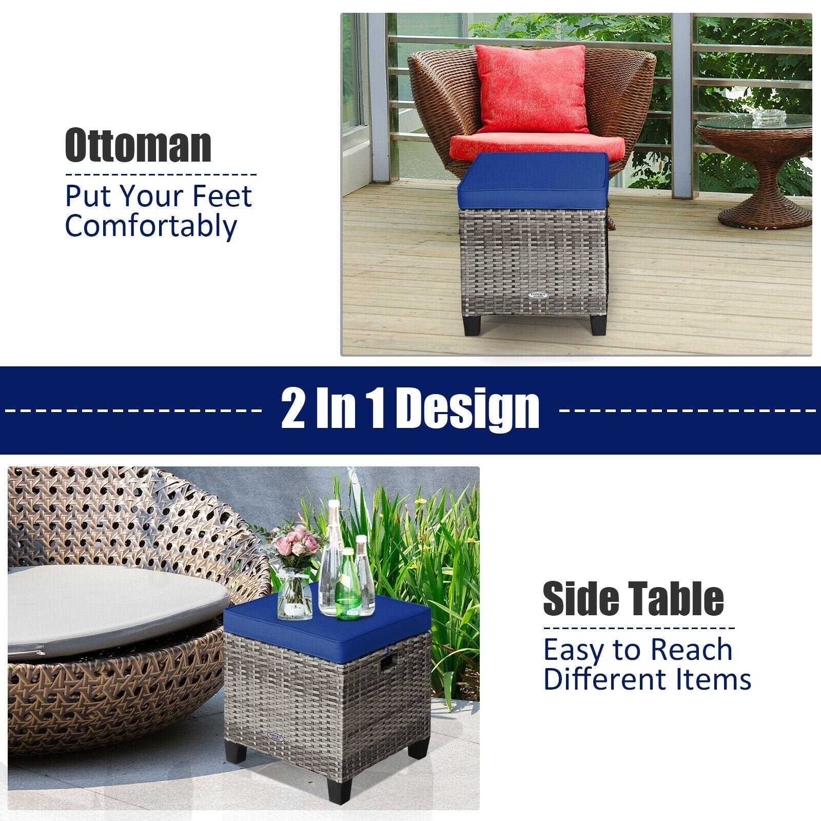 2 Pieces Patio Rattan Ottoman Seat with Removable Cushions, Navy Outdoor Seating & Patio Chairs   at Gallery Canada