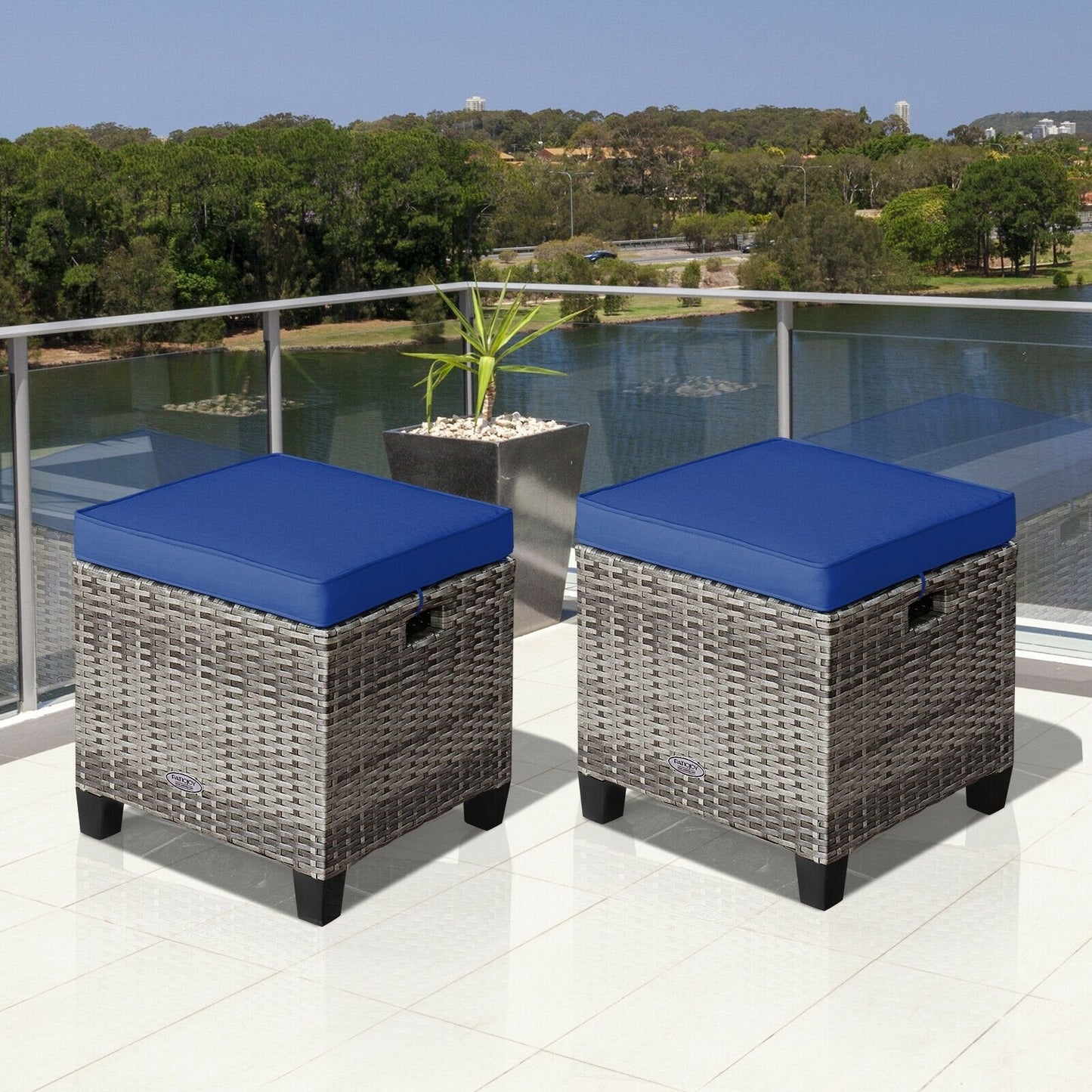 2 Pieces Patio Rattan Ottoman Seat with Removable Cushions, Navy Outdoor Seating & Patio Chairs   at Gallery Canada