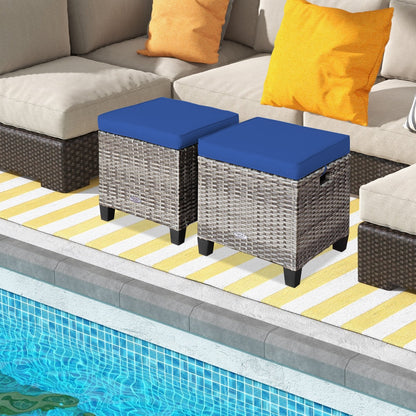 2 Pieces Patio Rattan Ottoman Seat with Removable Cushions, Navy Outdoor Seating & Patio Chairs   at Gallery Canada