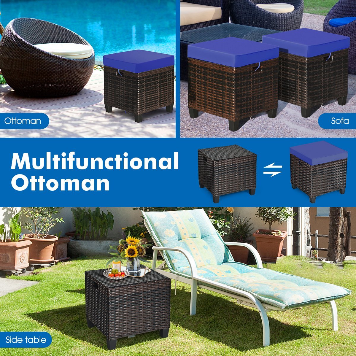 2 Pieces Patio Rattan Ottoman Set with Removable Cushions, Navy Outdoor Seating & Patio Chairs   at Gallery Canada