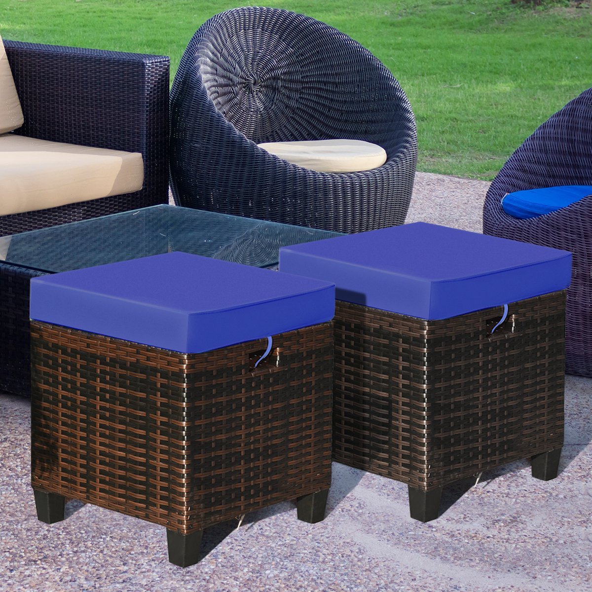 2 Pieces Patio Rattan Ottoman Set with Removable Cushions, Navy Outdoor Seating & Patio Chairs   at Gallery Canada