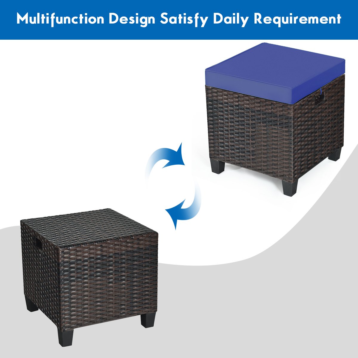 2 Pieces Patio Rattan Ottoman Set with Removable Cushions, Navy Outdoor Seating & Patio Chairs   at Gallery Canada