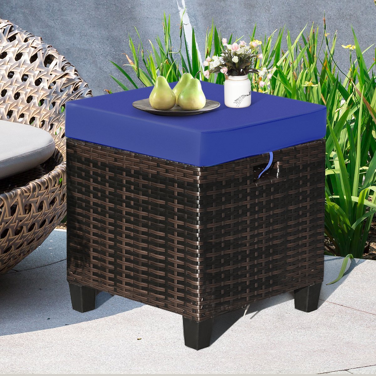 2 Pieces Patio Rattan Ottoman Set with Removable Cushions, Navy Outdoor Seating & Patio Chairs   at Gallery Canada