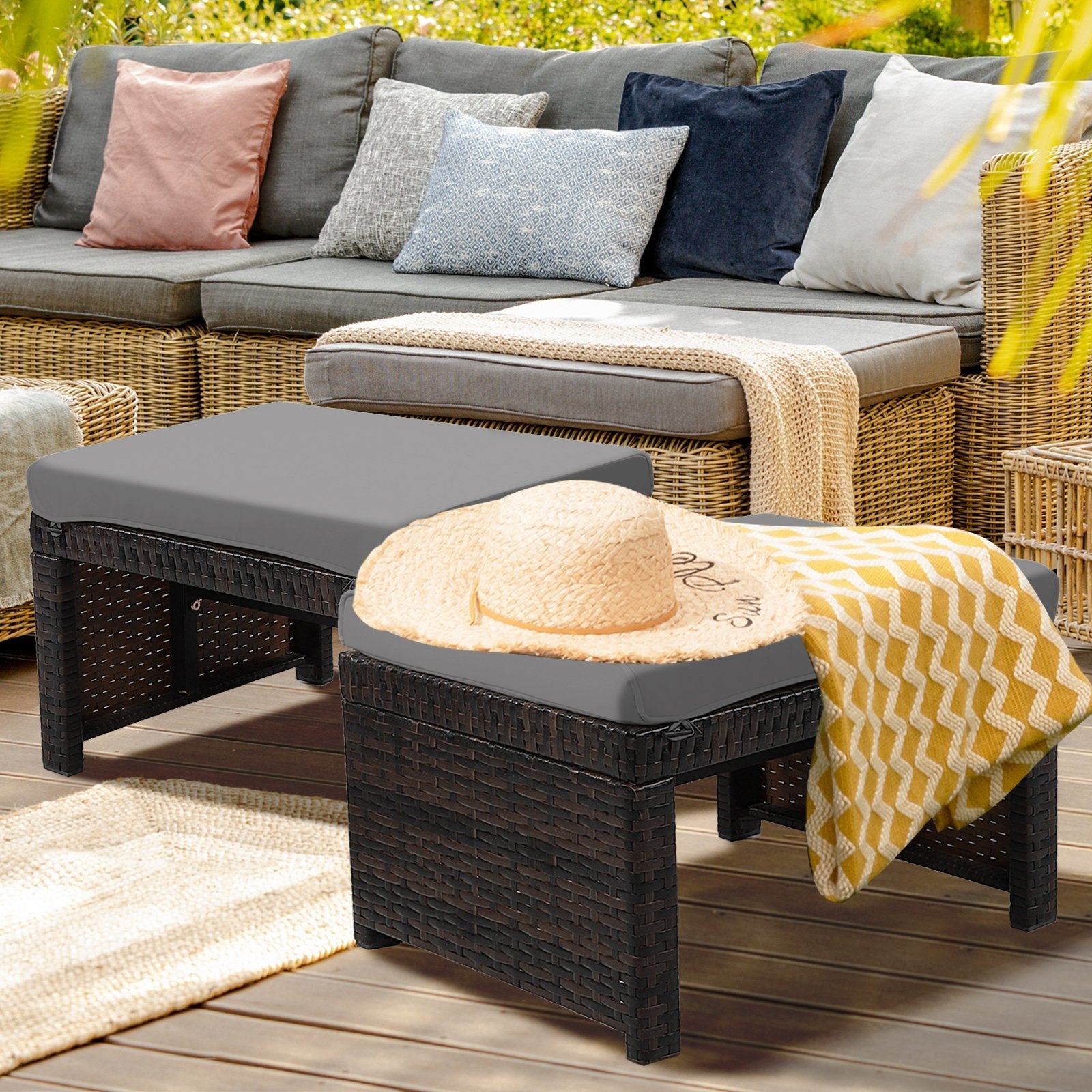 2 Pieces Patio Rattan Ottomans with Soft Cushion for Patio and Garden, Gray Outdoor Seating & Patio Chairs   at Gallery Canada