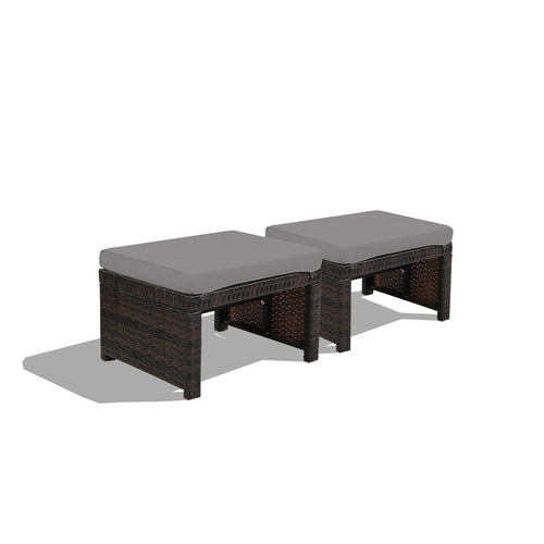 2 Pieces Patio Rattan Ottomans with Soft Cushion for Patio and Garden, Gray