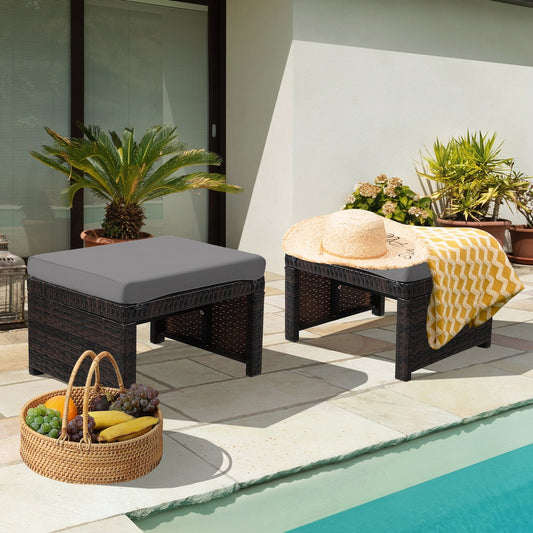 2 Pieces Patio Rattan Ottomans with Soft Cushion for Patio and Garden, Gray Outdoor Seating & Patio Chairs   at Gallery Canada