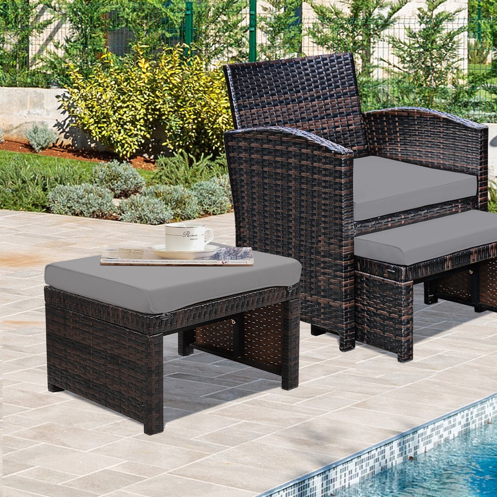 2 Pieces Patio Rattan Ottomans with Soft Cushion for Patio and Garden, Gray Outdoor Seating & Patio Chairs   at Gallery Canada