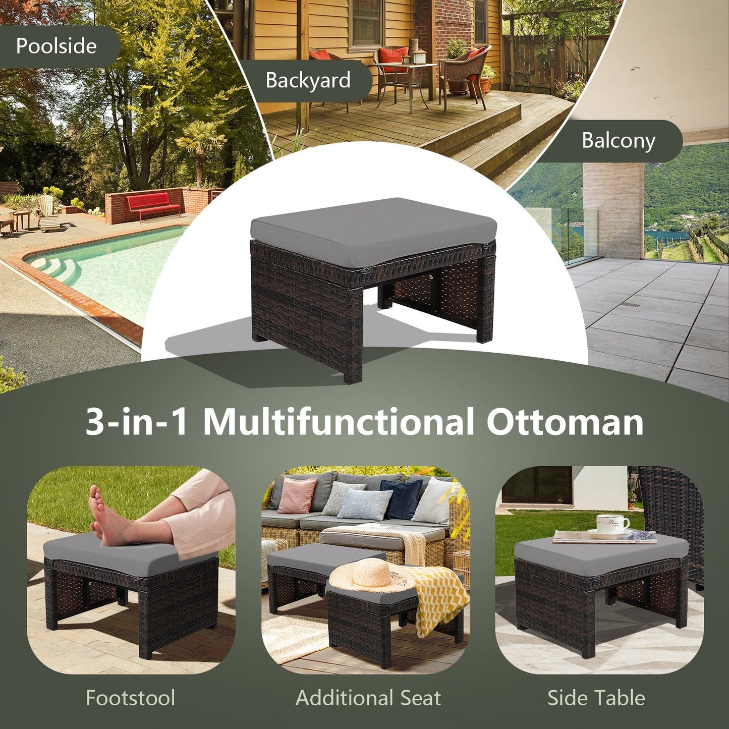 2 Pieces Patio Rattan Ottomans with Soft Cushion for Patio and Garden, Gray Outdoor Seating & Patio Chairs   at Gallery Canada