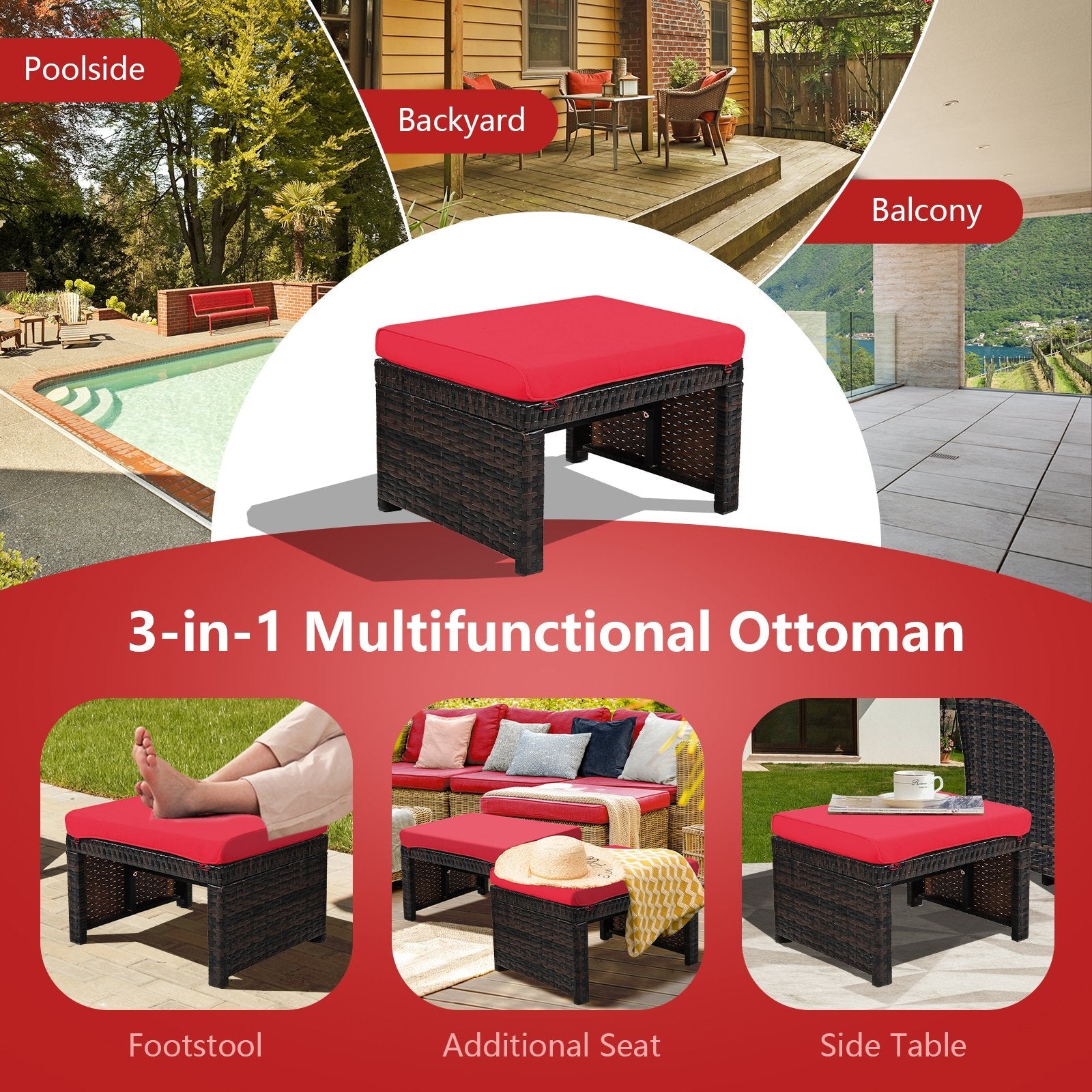 2 Pieces Patio Rattan Ottomans with Soft Cushion for Patio and Garden, Red Outdoor Seating & Patio Chairs   at Gallery Canada