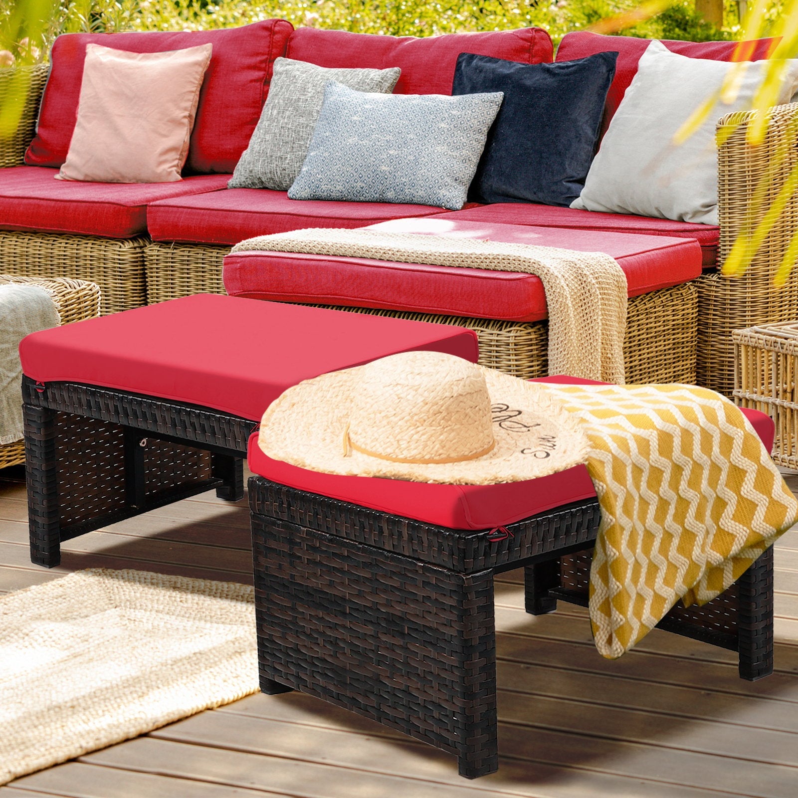 2 Pieces Patio Rattan Ottomans with Soft Cushion for Patio and Garden, Red Outdoor Seating & Patio Chairs   at Gallery Canada