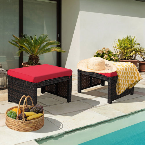 2 Pieces Patio Rattan Ottomans with Soft Cushion for Patio and Garden, Red