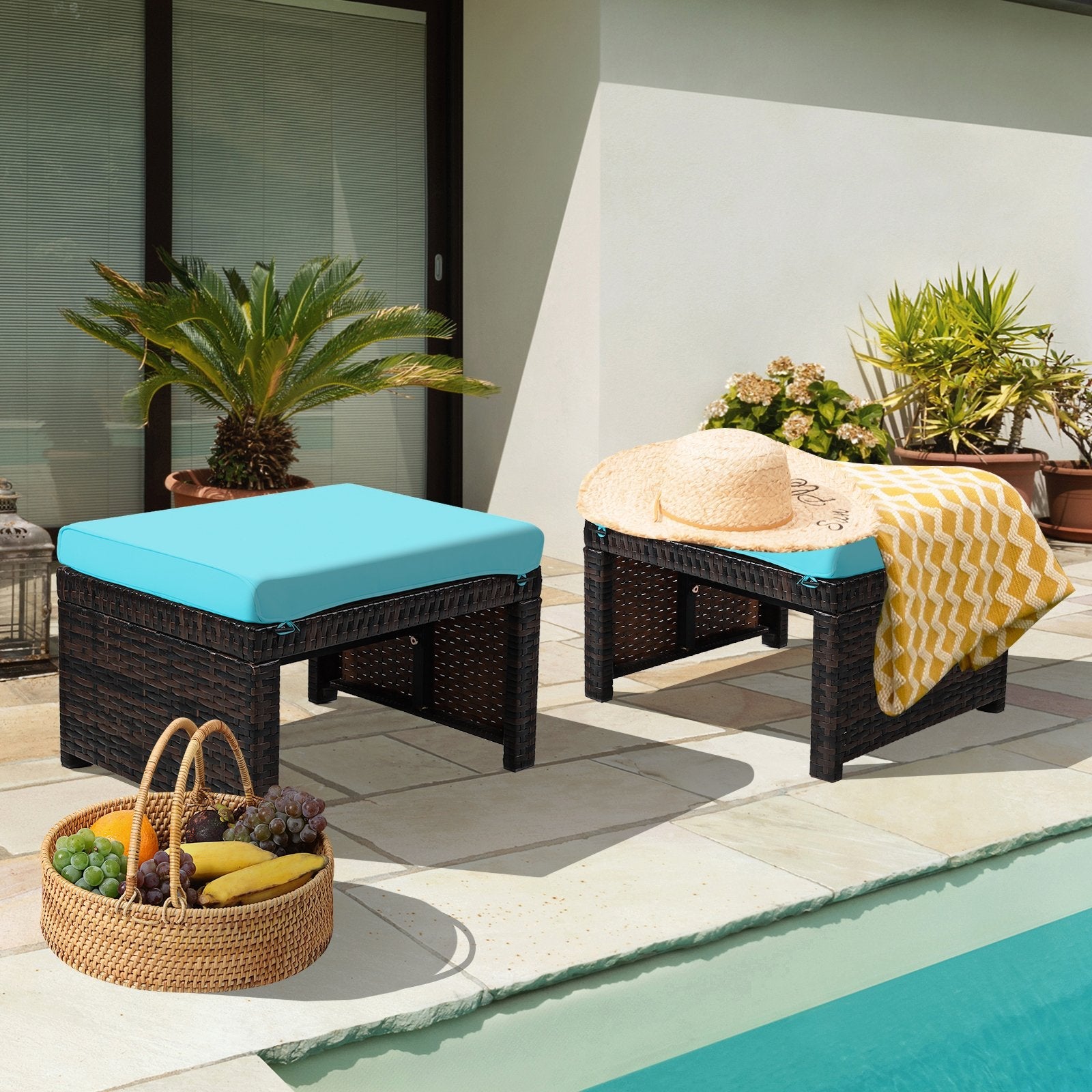 2 Pieces Patio Rattan Ottomans with Soft Cushion for Patio and Garden, Turquoise Outdoor Seating & Patio Chairs   at Gallery Canada