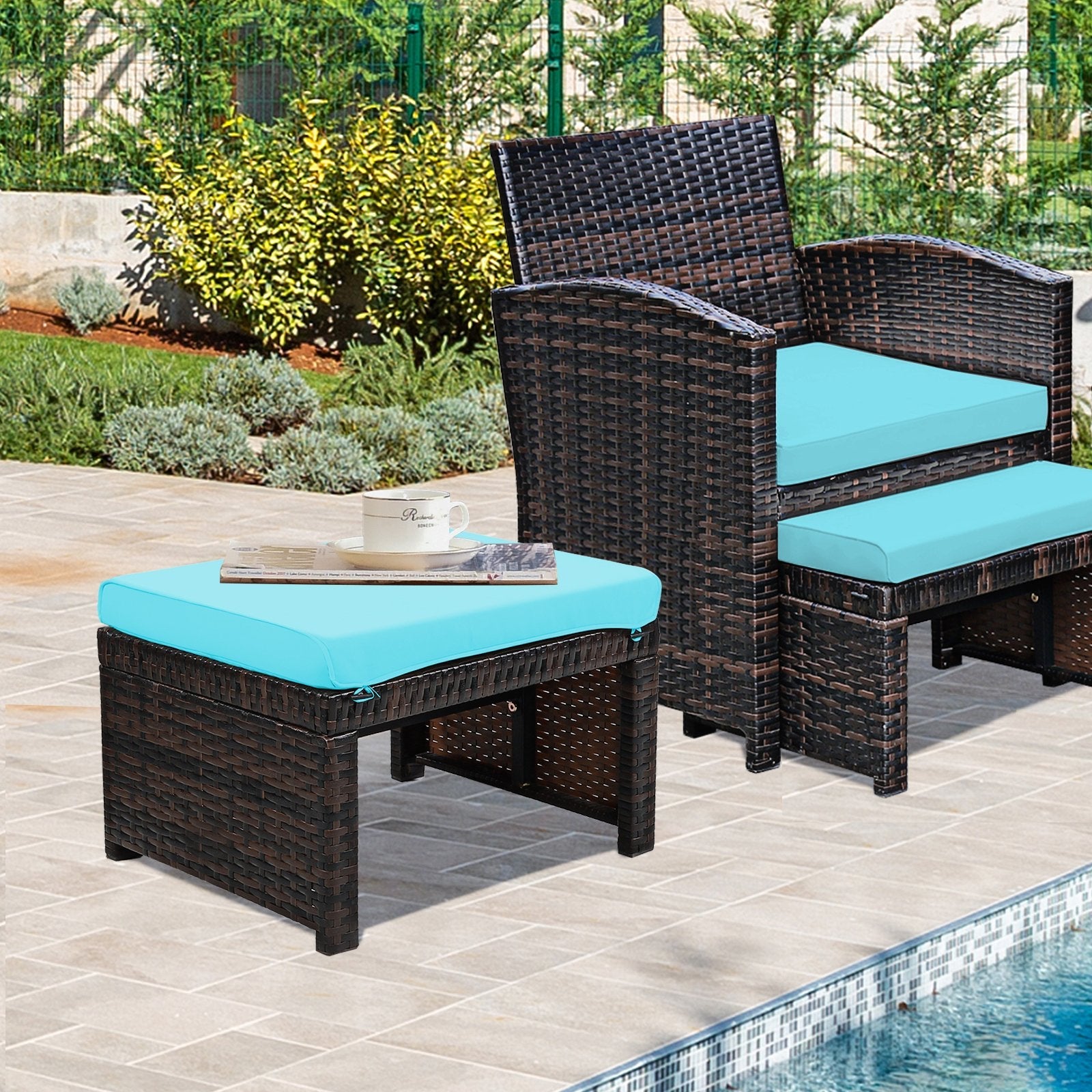 2 Pieces Patio Rattan Ottomans with Soft Cushion for Patio and Garden, Turquoise Outdoor Seating & Patio Chairs   at Gallery Canada