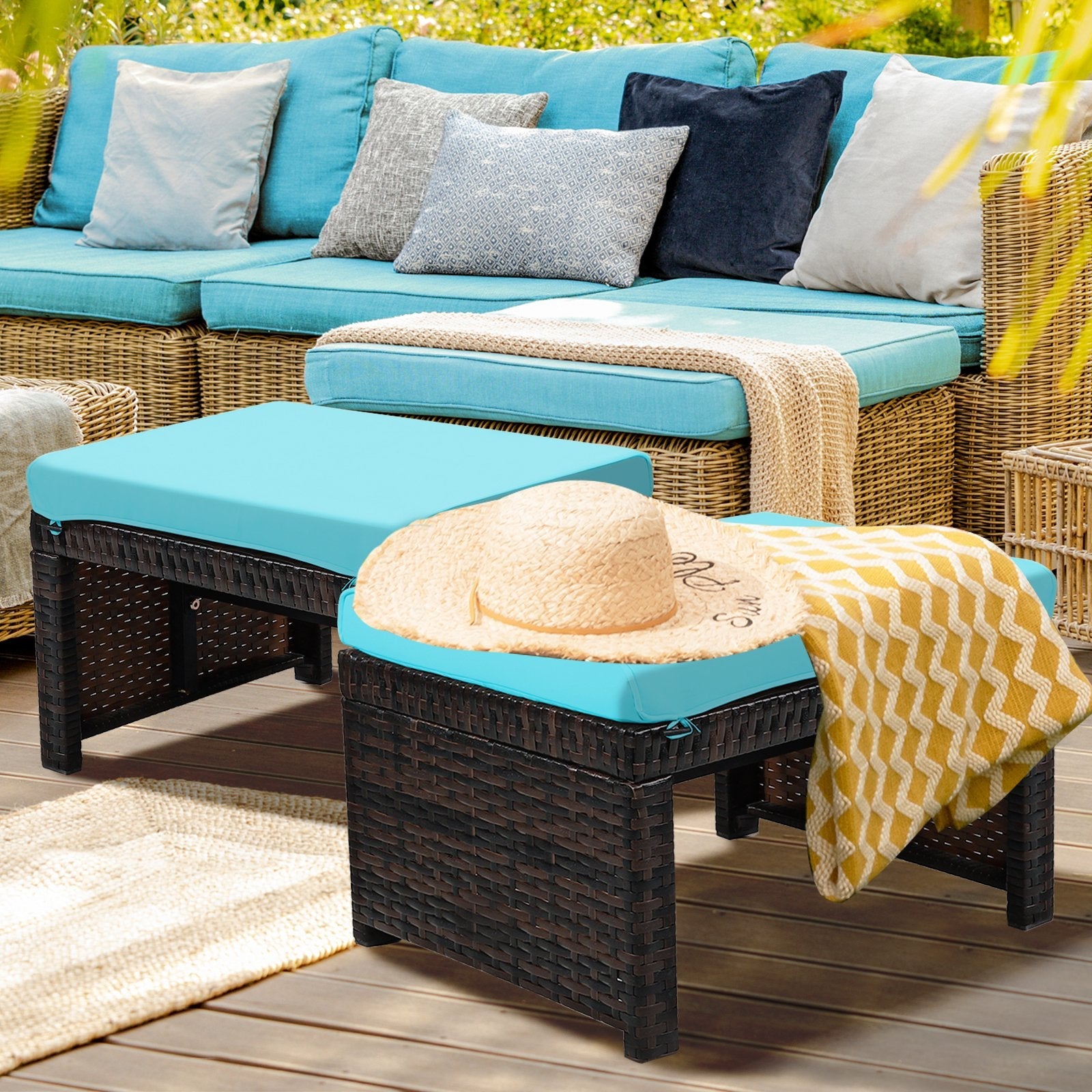 2 Pieces Patio Rattan Ottomans with Soft Cushion for Patio and Garden, Turquoise Outdoor Seating & Patio Chairs   at Gallery Canada