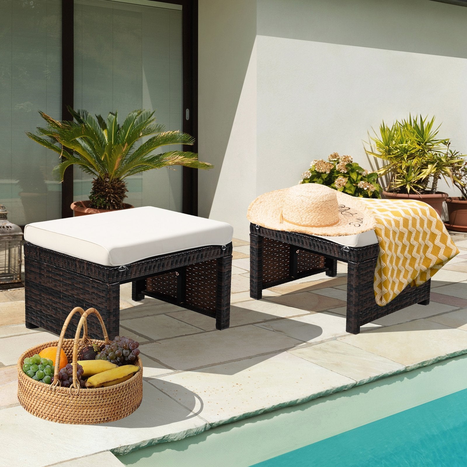 2 Pieces Patio Rattan Ottomans with Soft Cushion for Patio and Garden, White Outdoor Seating & Patio Chairs   at Gallery Canada