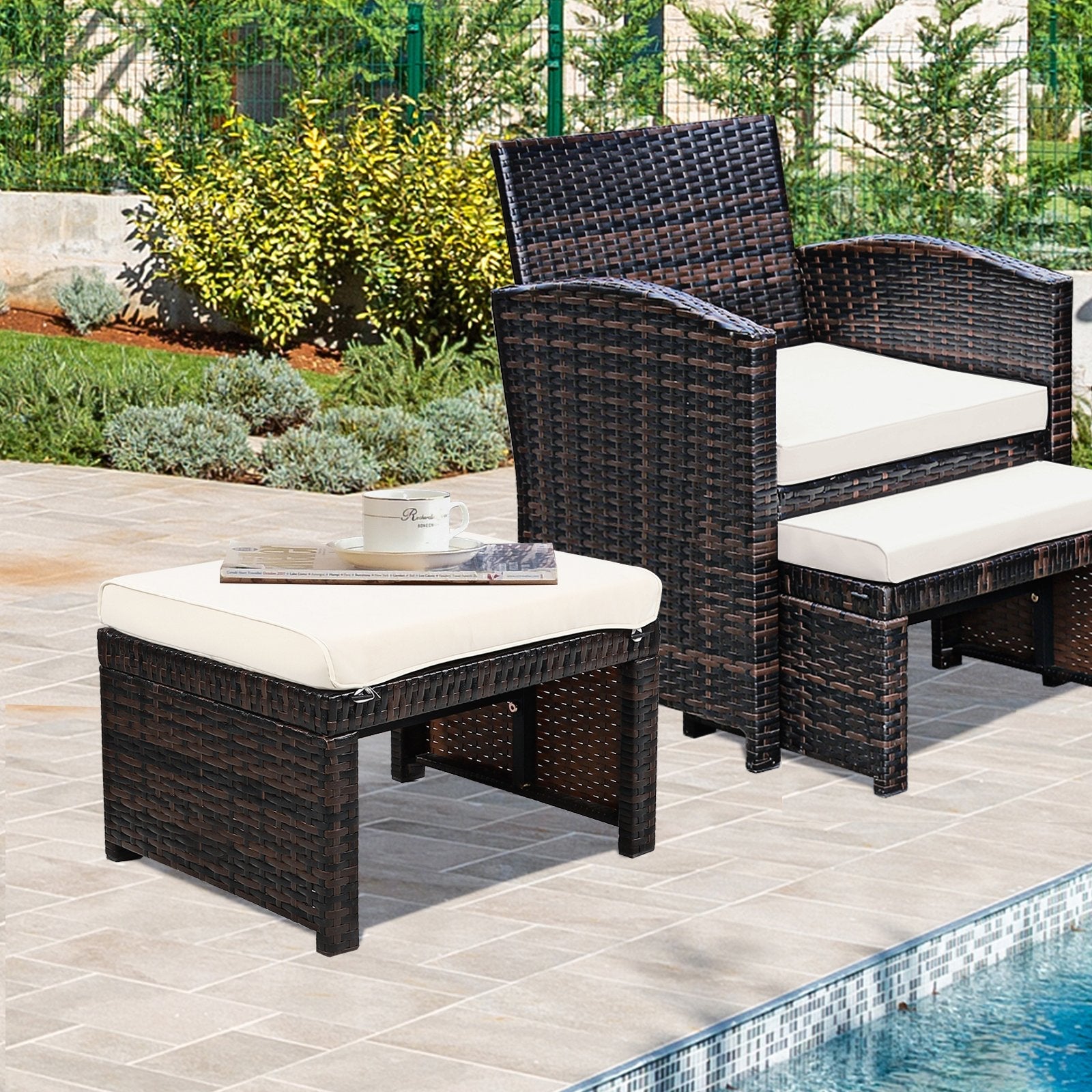 2 Pieces Patio Rattan Ottomans with Soft Cushion for Patio and Garden, White Outdoor Seating & Patio Chairs   at Gallery Canada