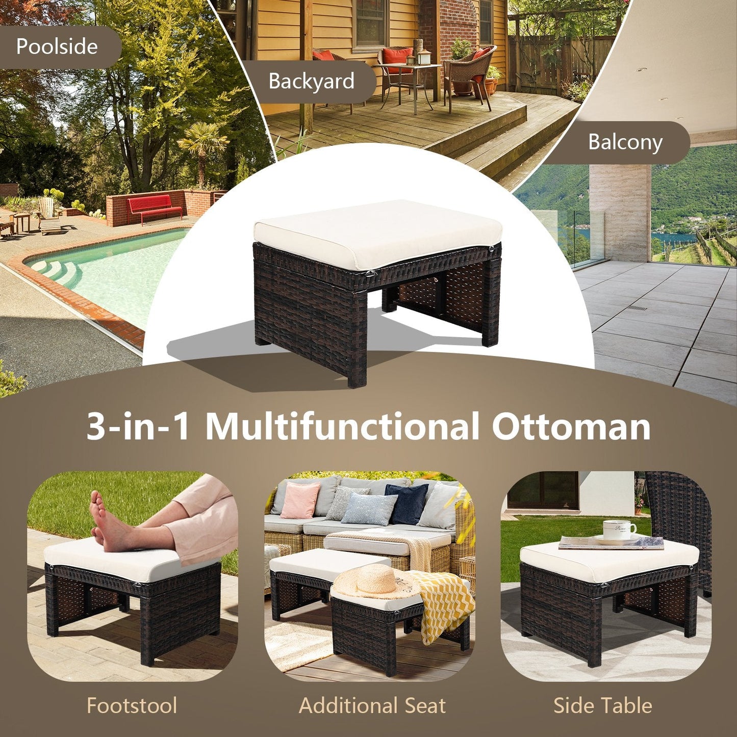 2 Pieces Patio Rattan Ottomans with Soft Cushion for Patio and Garden, White Outdoor Seating & Patio Chairs   at Gallery Canada