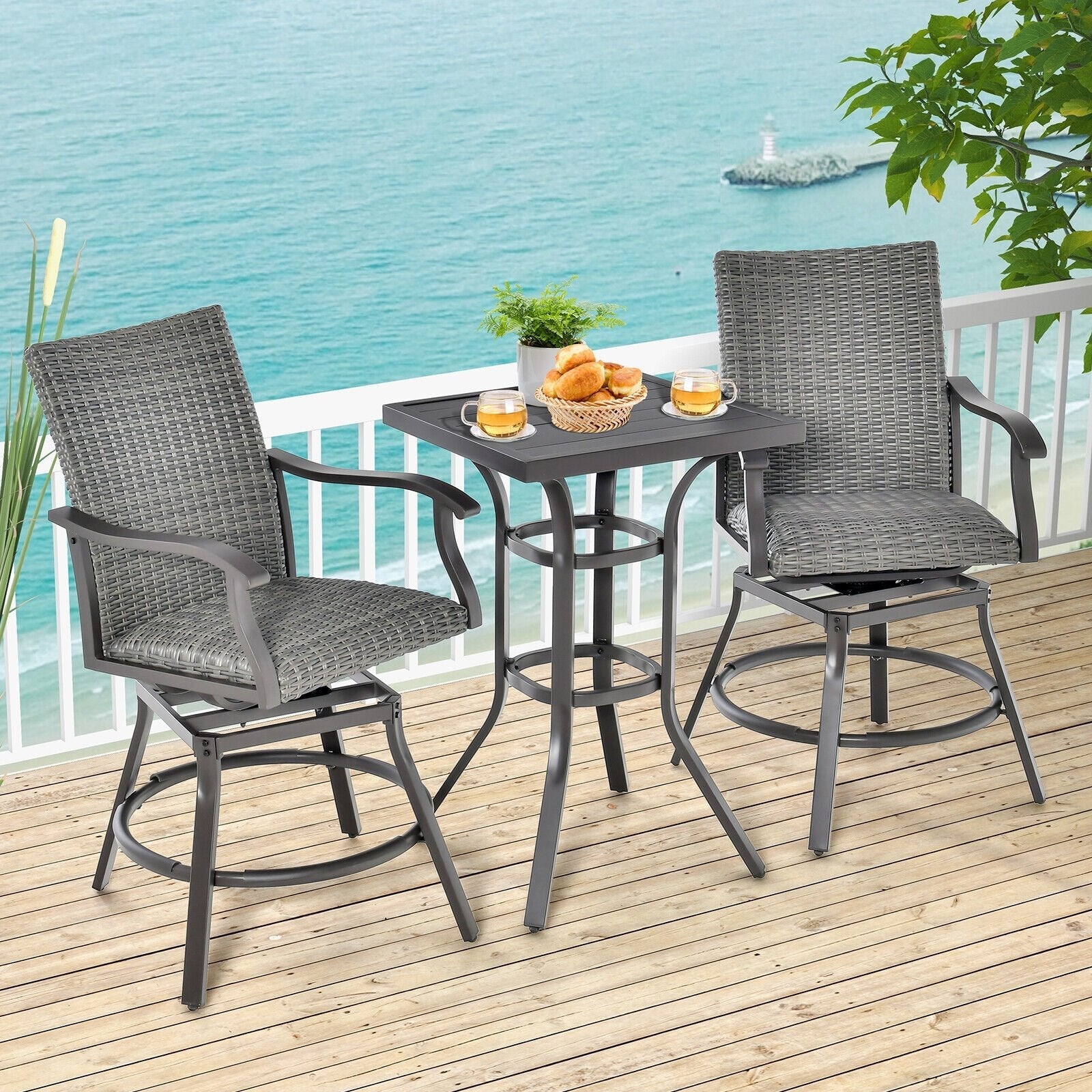 2 Pieces Patio Swivel Bar Chair Set with Quick Dry 4D Air Fiber Cushion, Black Patio Bar Furniture   at Gallery Canada