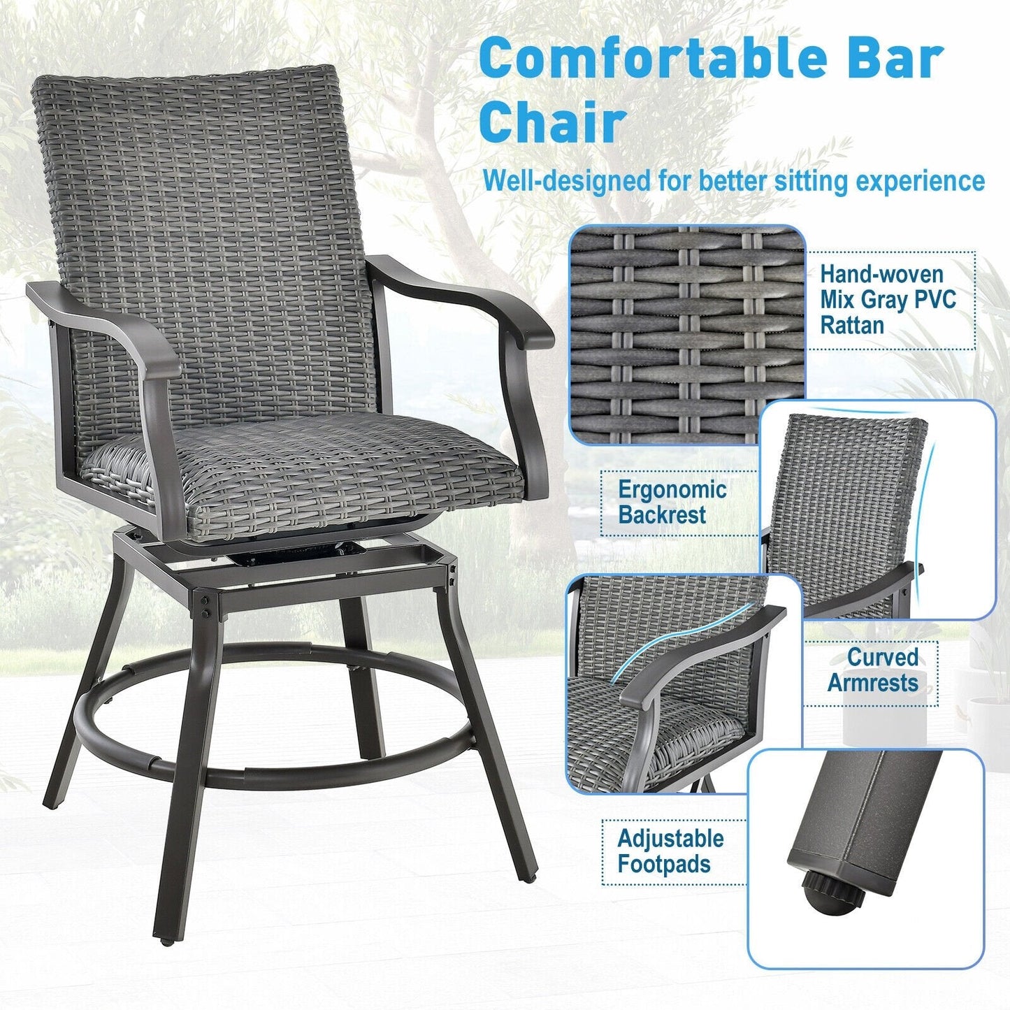 2 Pieces Patio Swivel Bar Chair Set with Quick Dry 4D Air Fiber Cushion, Black Patio Bar Furniture   at Gallery Canada