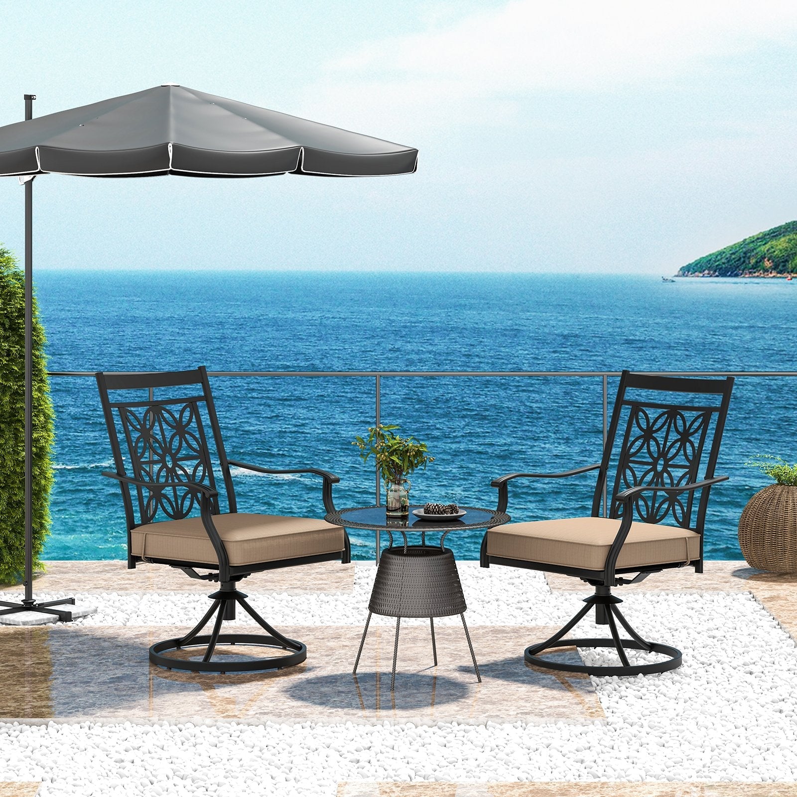 2 Pieces Patio Swivel Chairs with Blossom Pattern Backrest and Cushions, Black Patio Dining Chairs   at Gallery Canada