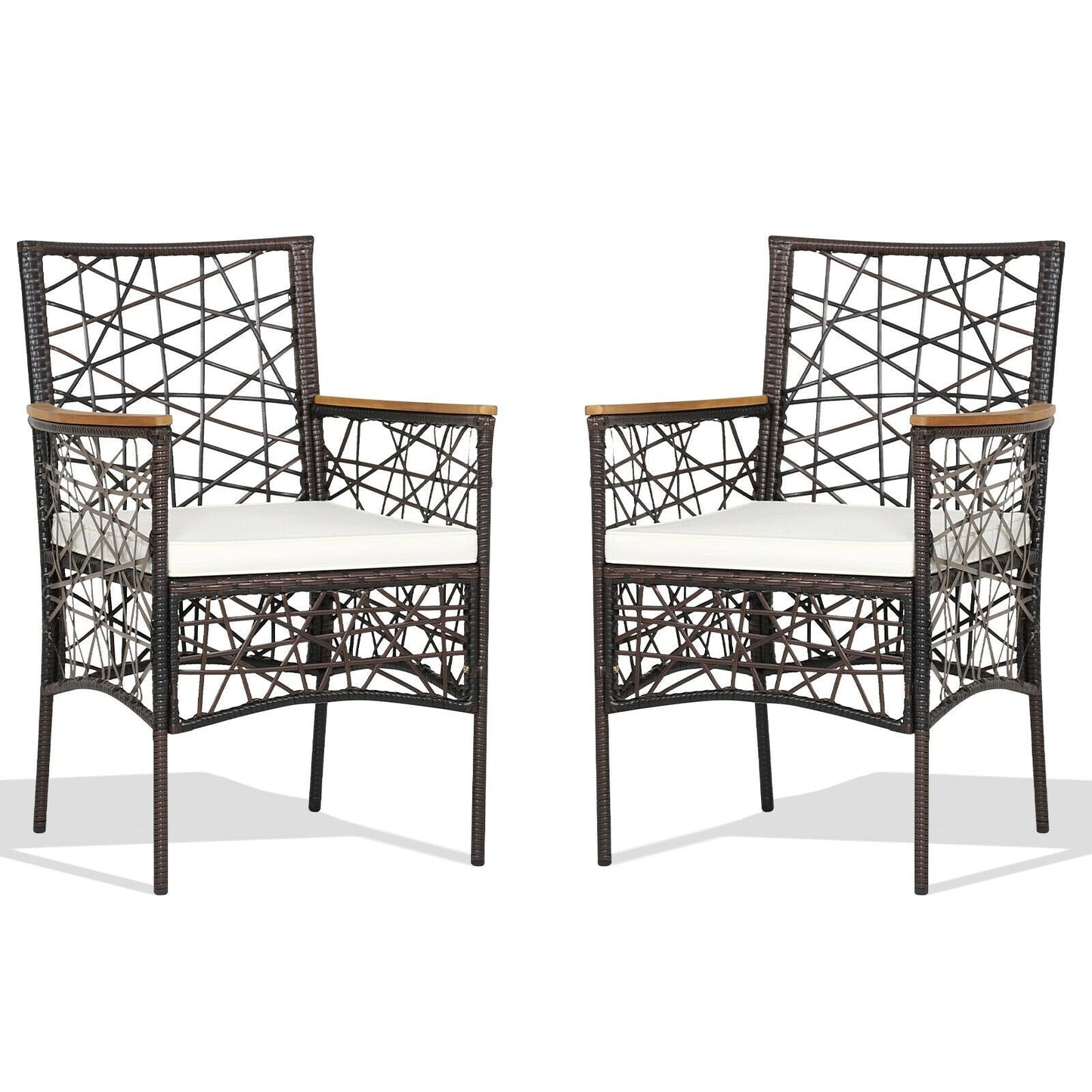 2 Pieces PE Wicker Patio Bistro Dining Chairs with Acacia Wood Armrests and Cushions, Espresso Patio Dining Chairs   at Gallery Canada