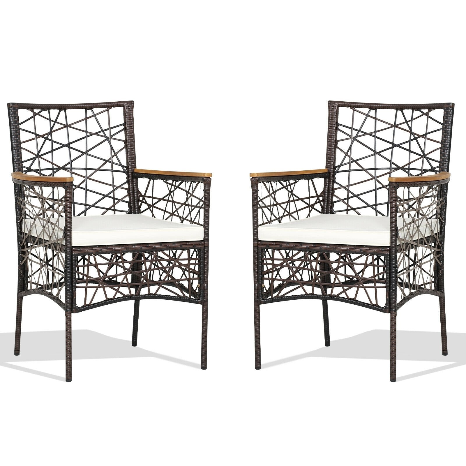 2 Pieces PE Wicker Patio Bistro Dining Chairs with Acacia Wood Armrests and Cushions, Espresso Patio Dining Chairs   at Gallery Canada