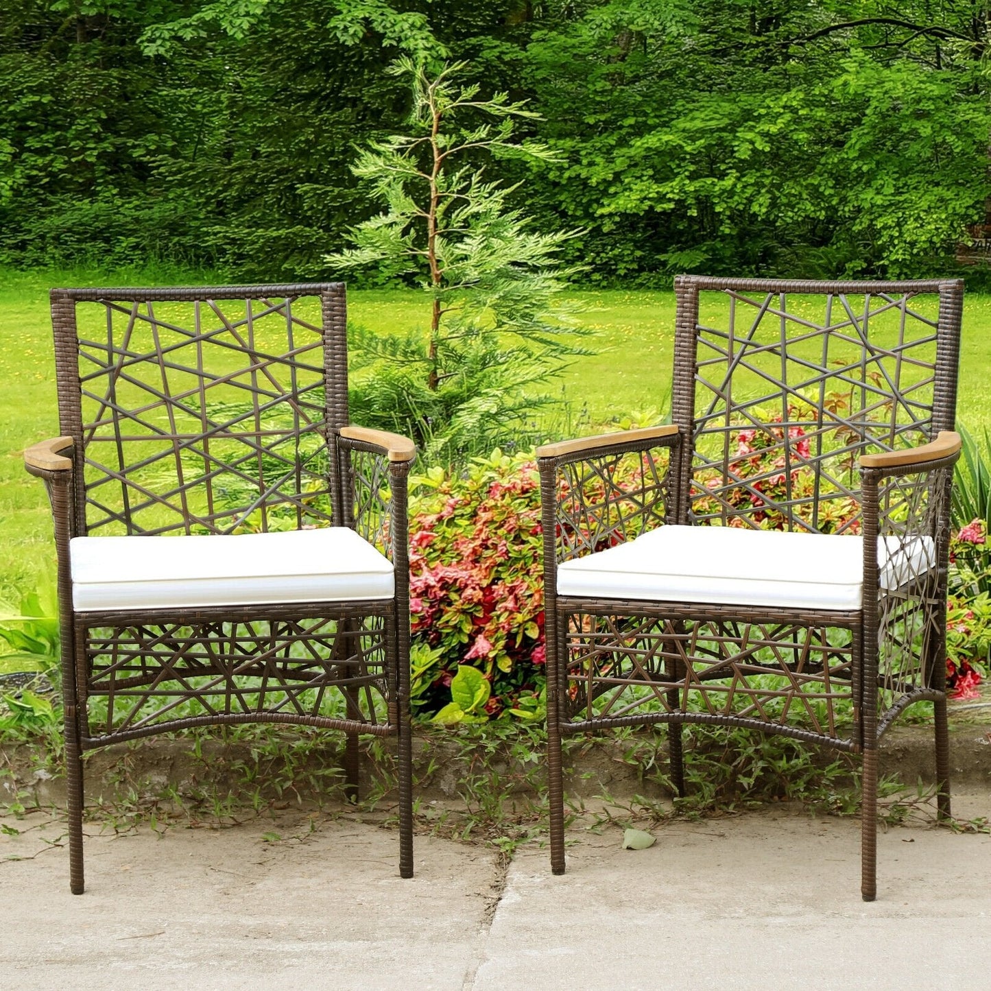 2 Pieces PE Wicker Patio Bistro Dining Chairs with Acacia Wood Armrests and Cushions, Espresso Patio Dining Chairs   at Gallery Canada