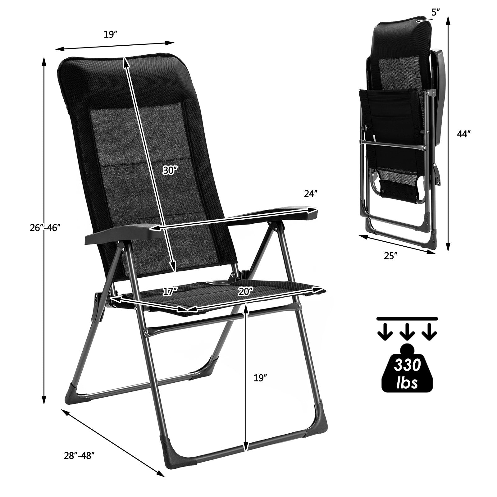 2 Pieces Portable Patio Folding Dining Chairs with Headrest Adjust for Camping , Black Patio Dining Chairs   at Gallery Canada