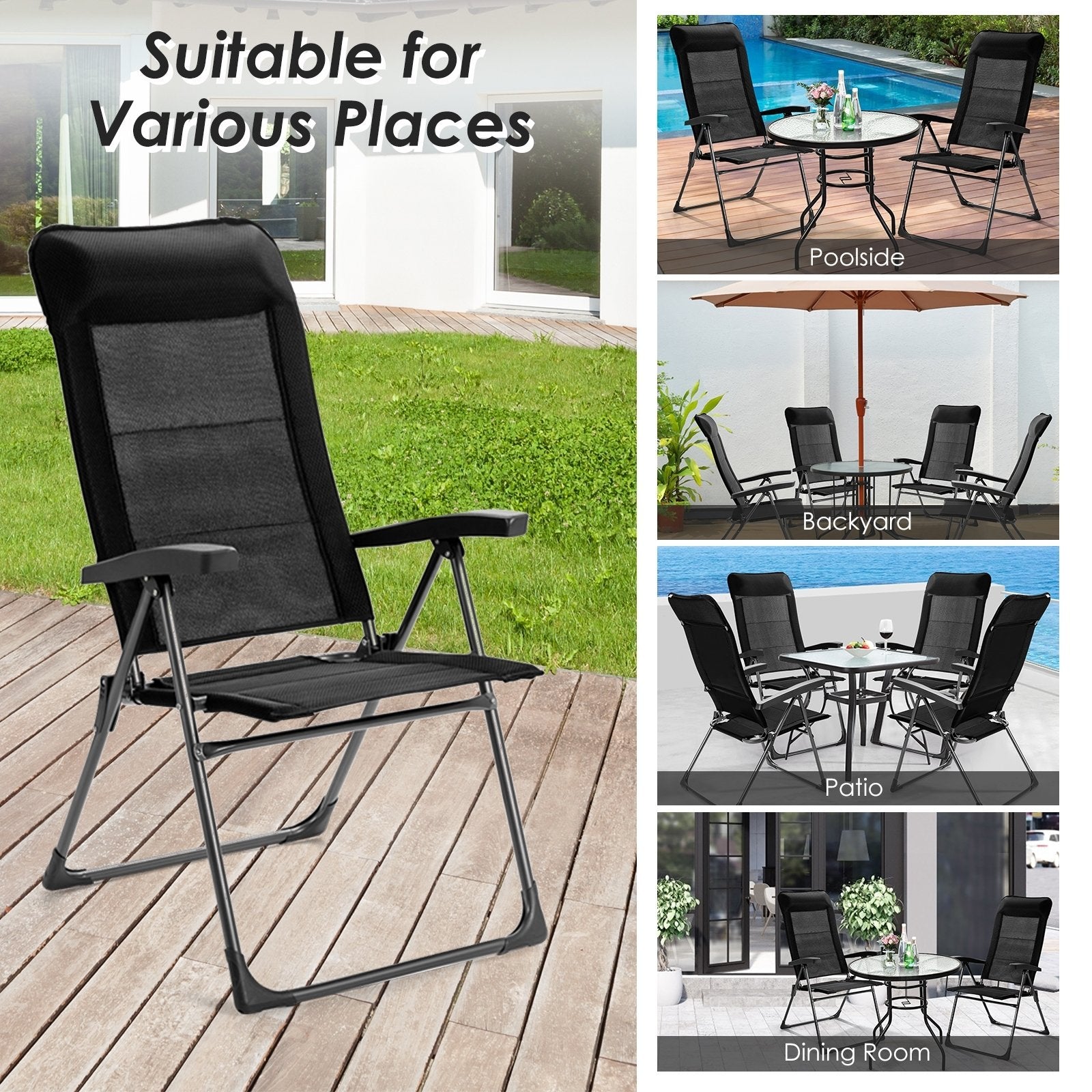 2 Pieces Portable Patio Folding Dining Chairs with Headrest Adjust for Camping , Black Patio Dining Chairs   at Gallery Canada