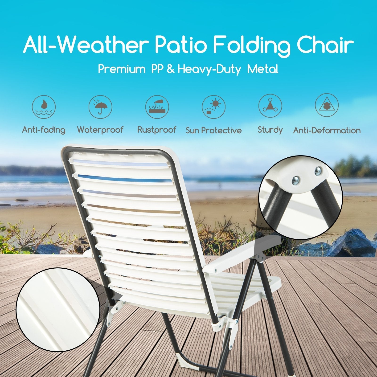 2 Pieces PP Folding Patio Chaise Lounger with 7-Level Backrest, White Outdoor Chaise Lounges   at Gallery Canada