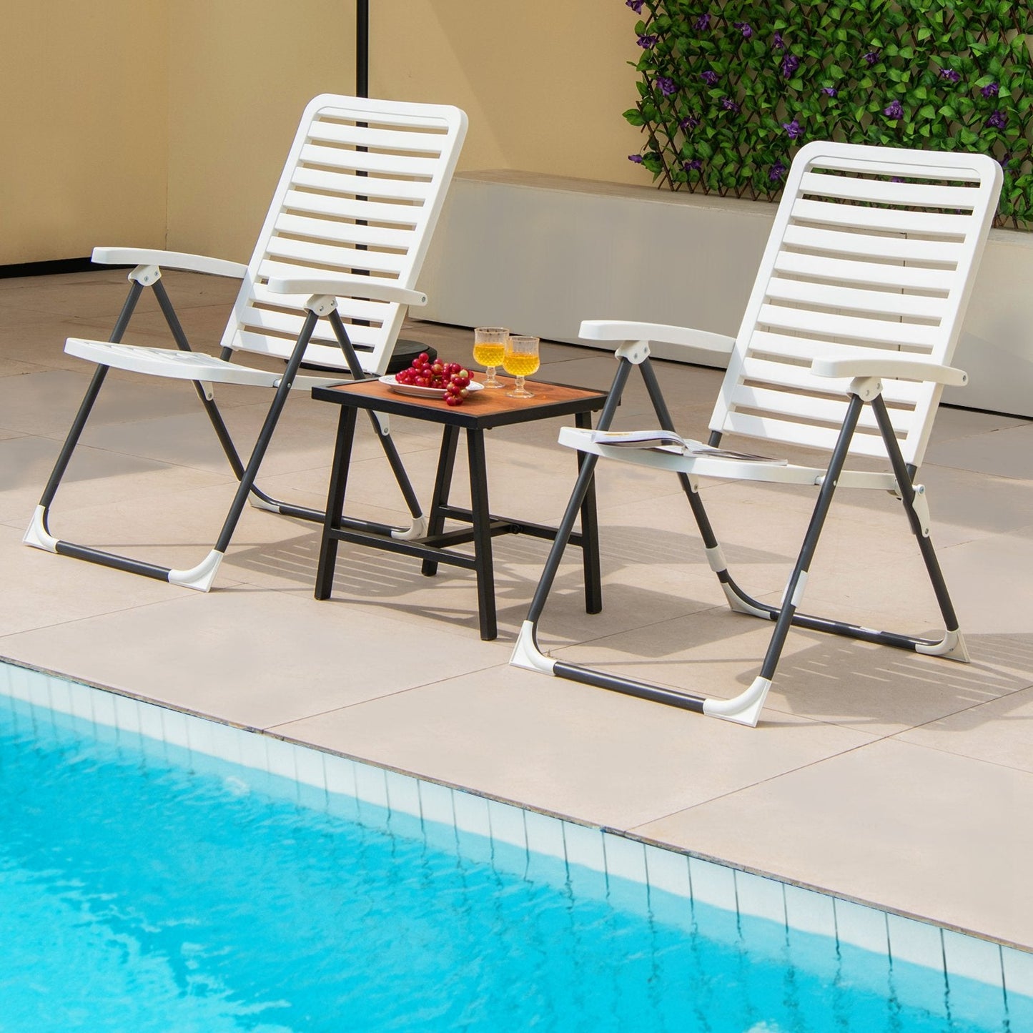 2 Pieces PP Folding Patio Chaise Lounger with 7-Level Backrest, White Outdoor Chaise Lounges   at Gallery Canada