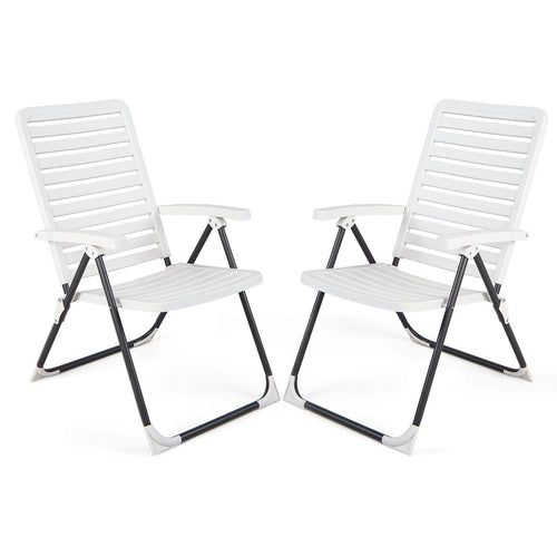 2 Pieces PP Folding Patio Chaise Lounger with 7-Level Backrest, White