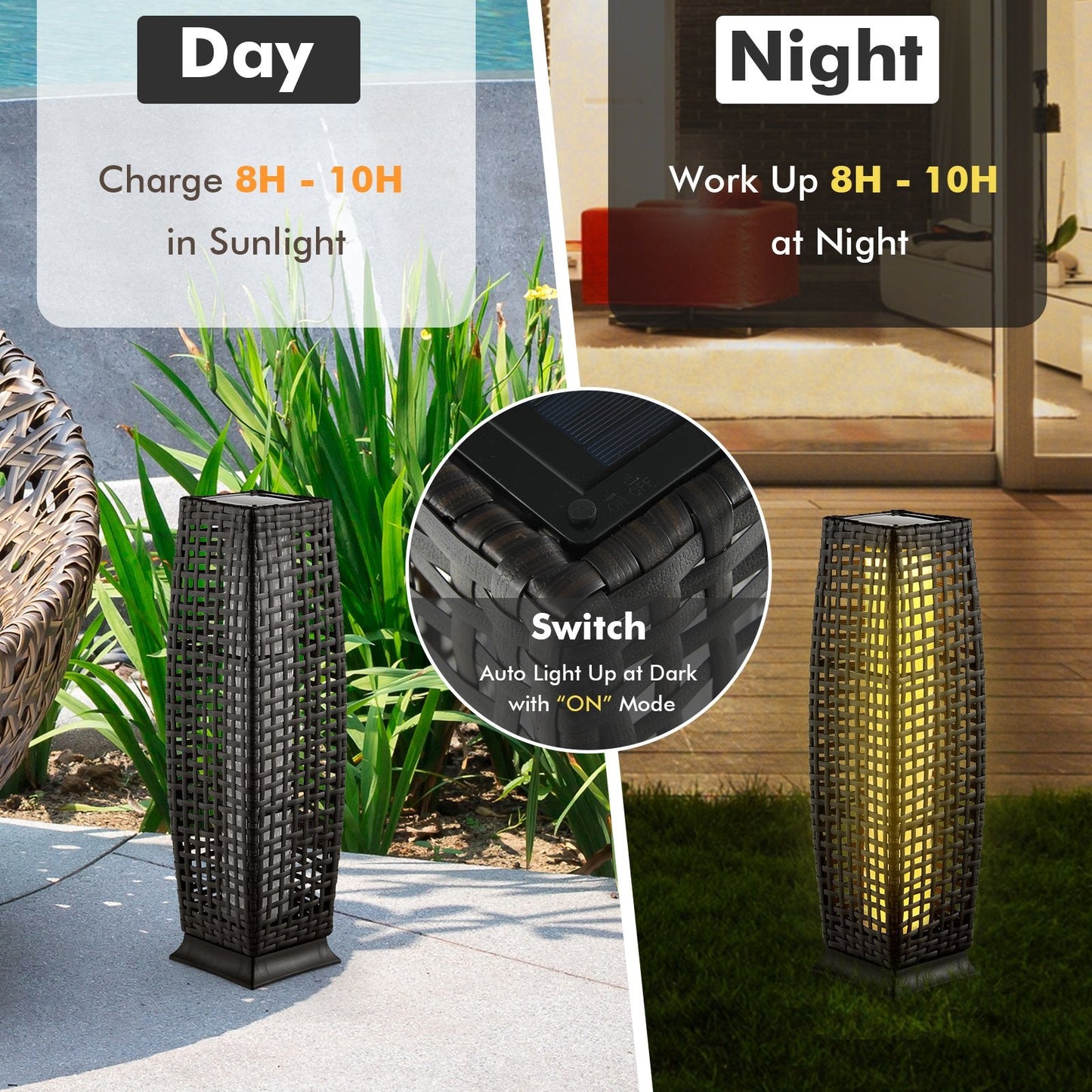 2 Pieces Solar-Powered Square Wicker Floor Lamps with Auto LED Light, Black Table & Floor Lamps   at Gallery Canada