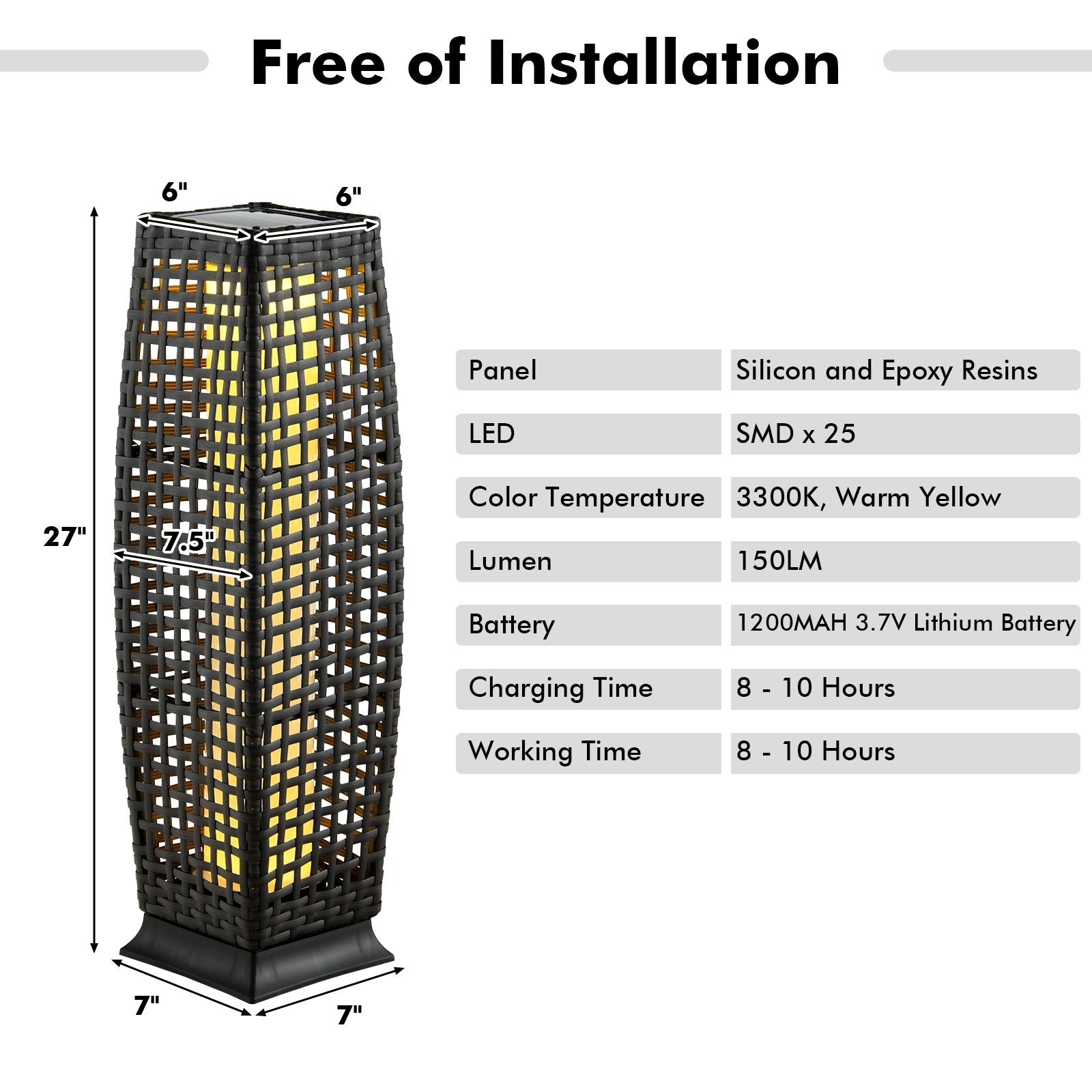 2 Pieces Solar-Powered Square Wicker Floor Lamps with Auto LED Light, Black Table & Floor Lamps   at Gallery Canada