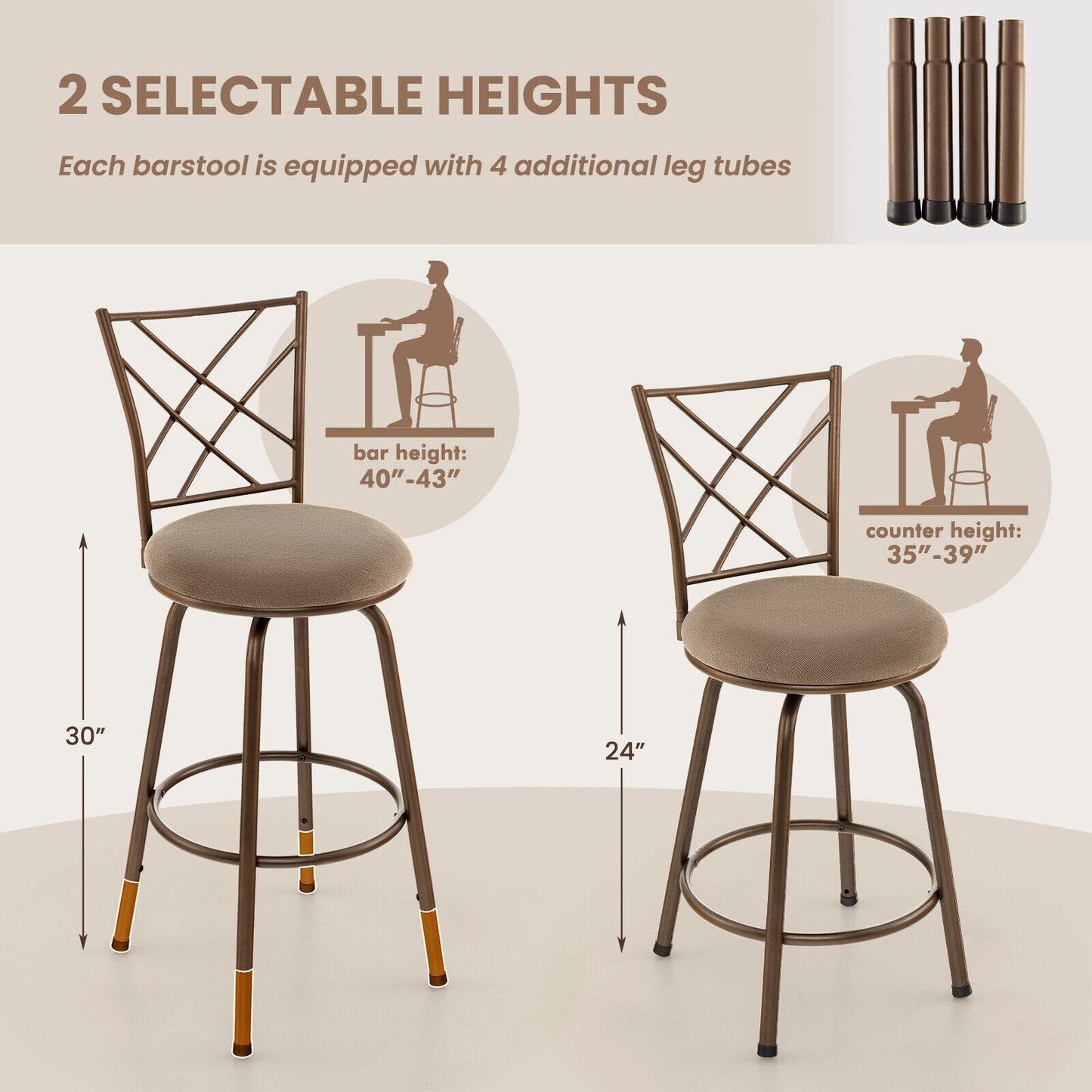 2 Pieces Swivel Pluch Fabrice Cushioned Bar Stool Set, Brown Bar Stools   at Gallery Canada