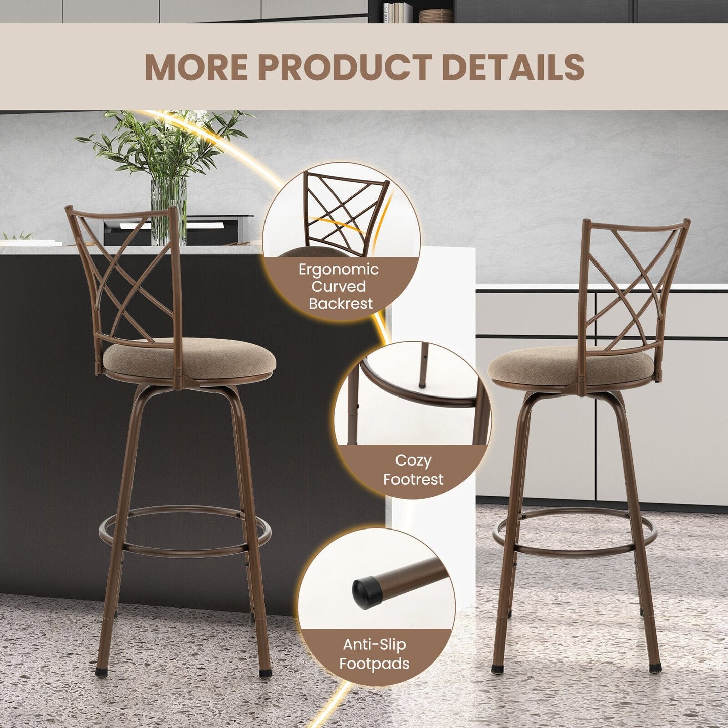 2 Pieces Swivel Pluch Fabrice Cushioned Bar Stool Set, Brown Bar Stools   at Gallery Canada