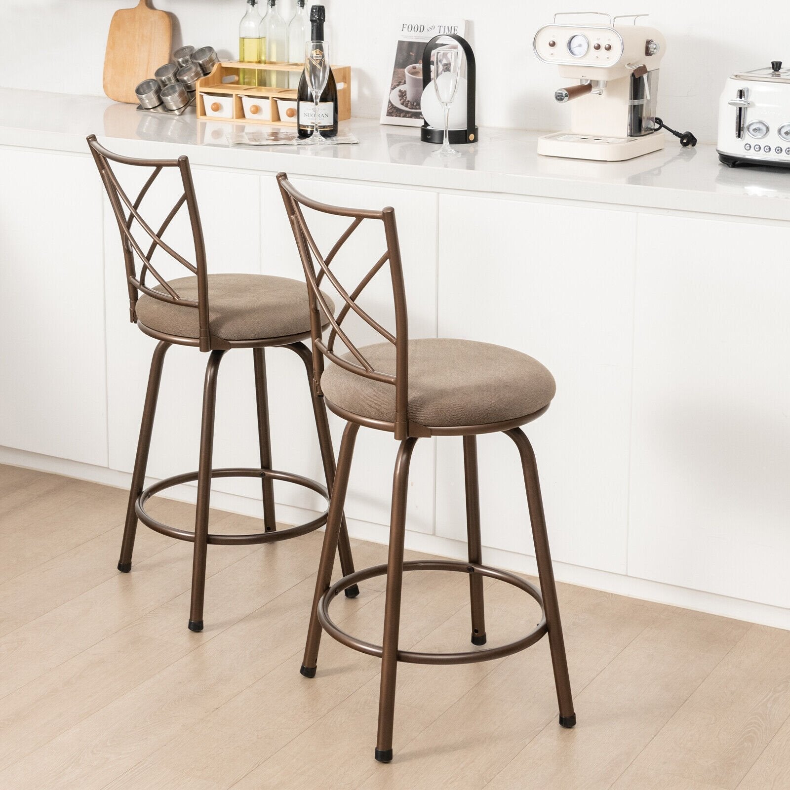 2 Pieces Swivel Pluch Fabrice Cushioned Bar Stool Set, Brown Bar Stools   at Gallery Canada