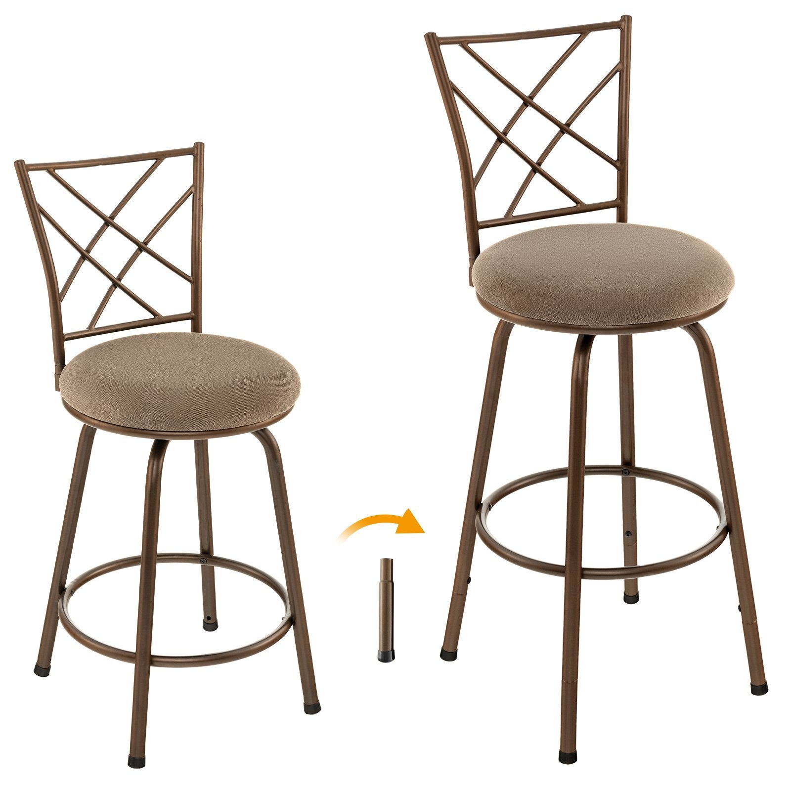 2 Pieces Swivel Pluch Fabrice Cushioned Bar Stool Set, Brown Bar Stools   at Gallery Canada