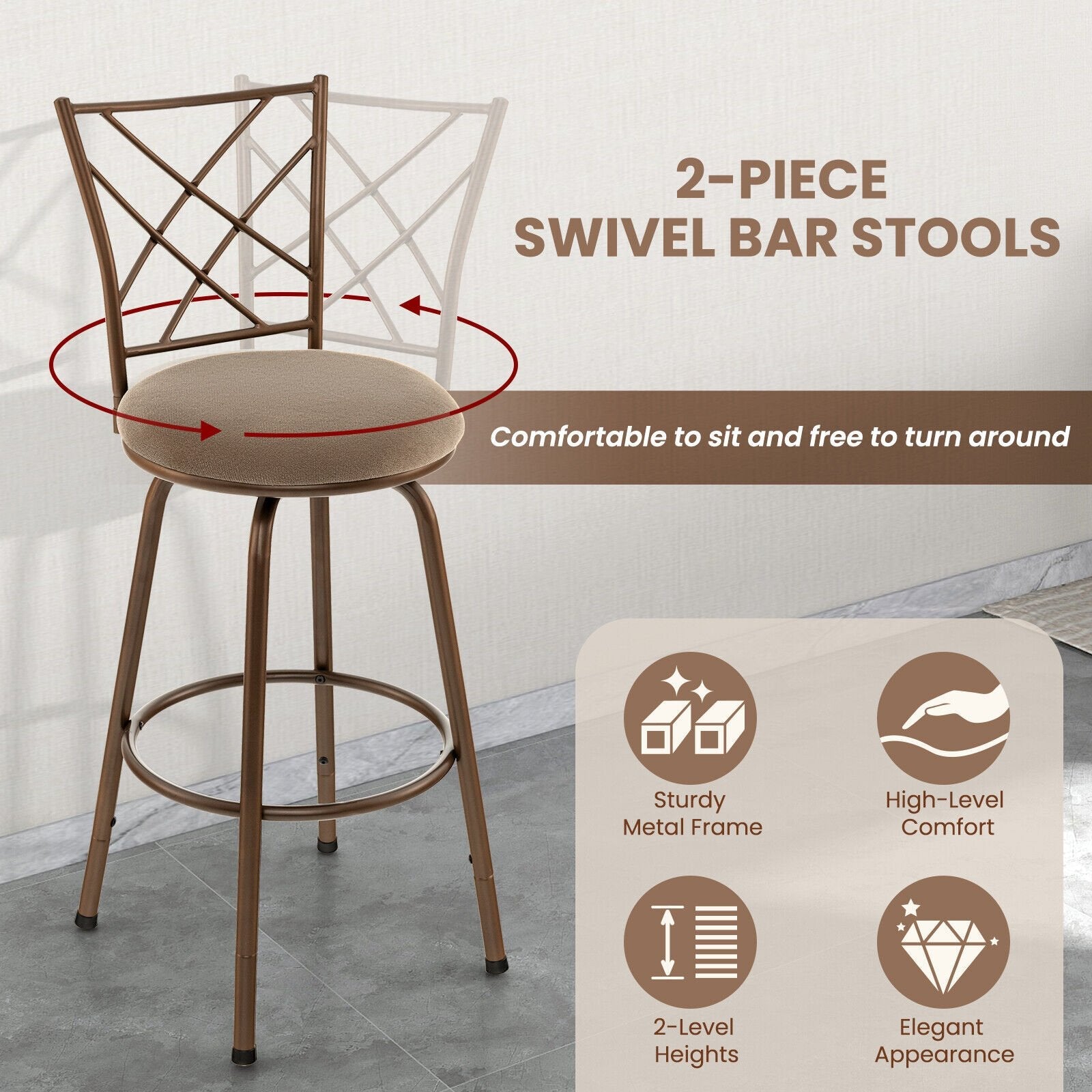 2 Pieces Swivel Pluch Fabrice Cushioned Bar Stool Set, Brown Bar Stools   at Gallery Canada