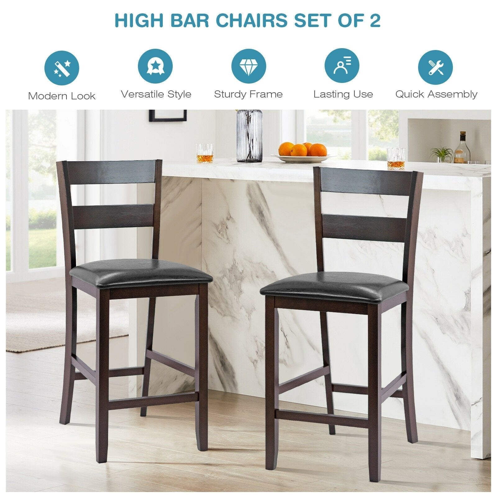 2-Pieces Upholstered Bar Stools Counter Height Chairs with PU Leather Cover, Brown Bar Stools   at Gallery Canada