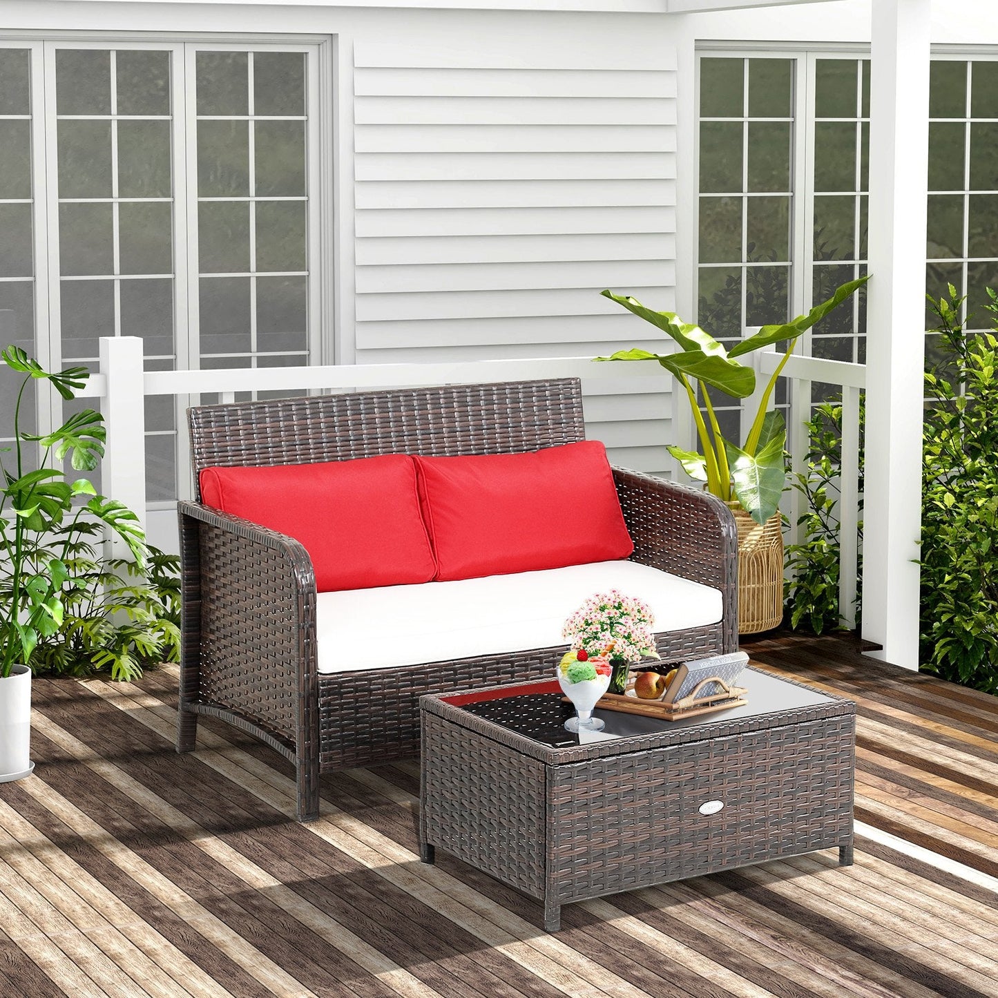 2 Pieces Wicker Loveseat Set with Coffee Table, Brown Patio Conversation Sets   at Gallery Canada