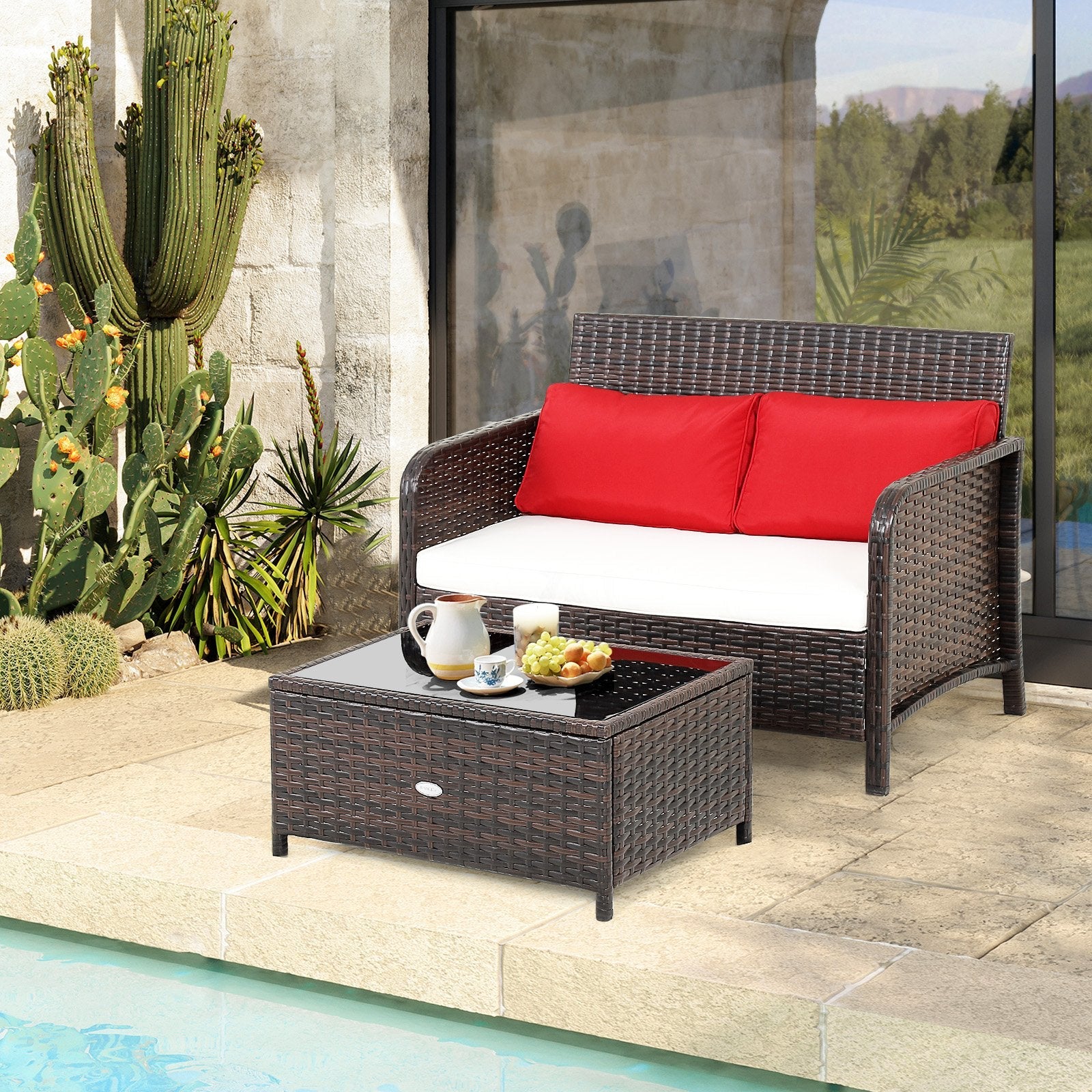 2 Pieces Wicker Loveseat Set with Coffee Table, Brown Patio Conversation Sets   at Gallery Canada