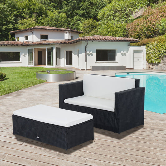 2 Pieces Wicker Patio Furniture Set with Double Ottoman, Outdoor PE Rattan Conversation Set with Loveseat and Two Seat Ottoman, Cream White - Gallery Canada