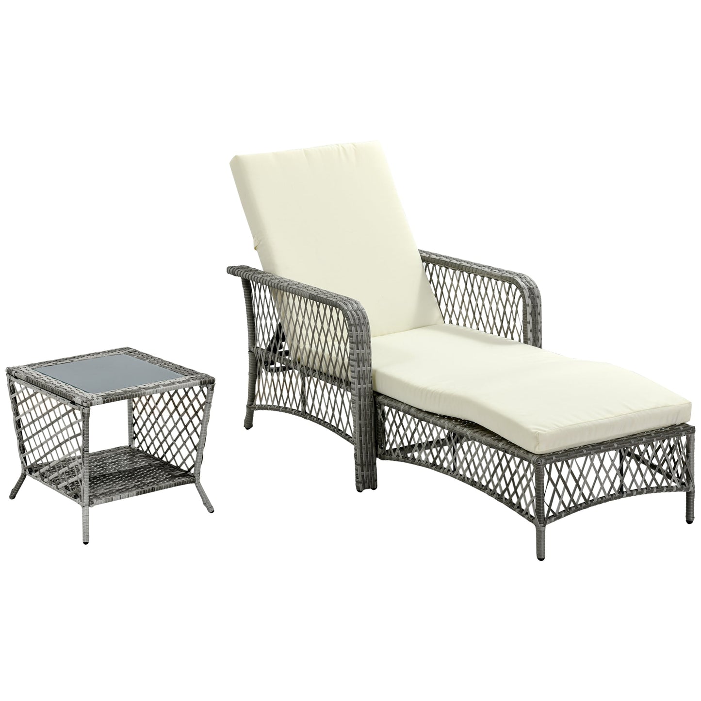 Wicker Patio Lounge Set with Cushions, Reclining Chaise & Coffee Table, Cream Chaise Loungers   at Gallery Canada