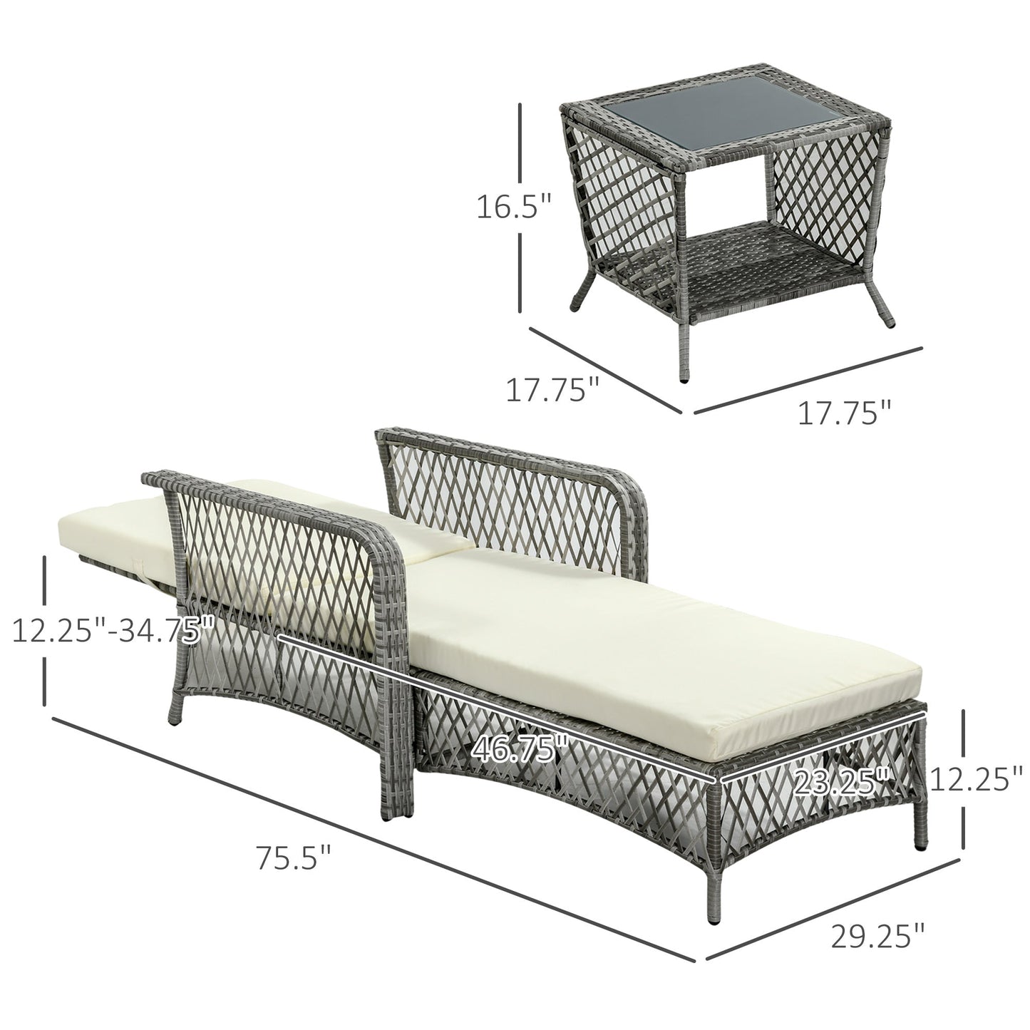 Wicker Patio Lounge Set with Cushions, Reclining Chaise & Coffee Table, Cream Chaise Loungers   at Gallery Canada